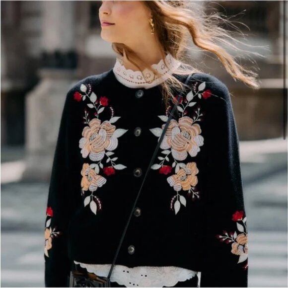 Farm Rio Black Flowers Embroidered Buttoned Knit Cardigan - Picture 1 of 4